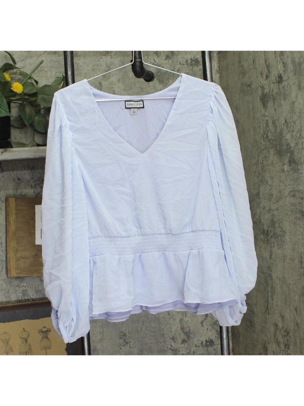 Sam & Jess Womens Shirred Long Sleeve Peplum V-Neck Smocked Top Pastel Blue XL